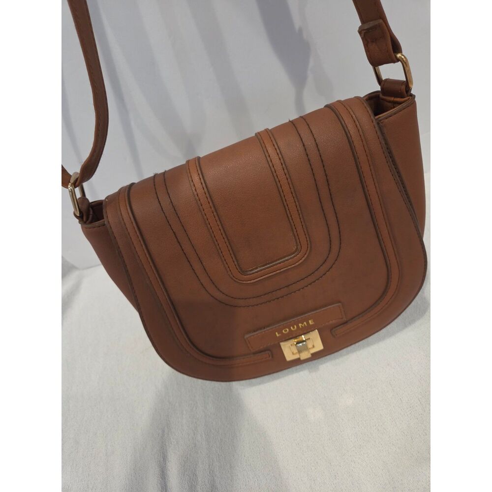 Loume Brown Faux Leather Saddle Shoulder Crossbody Bag Flap Gold Hardware